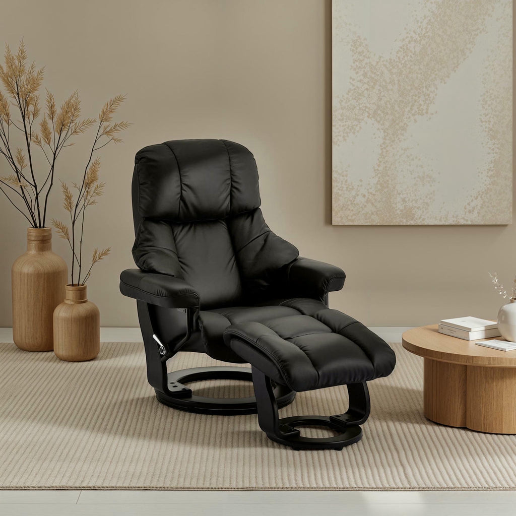 Crown Manueller Relaxsessel mit Fußhocker - Echtleder/PVC Schwarz