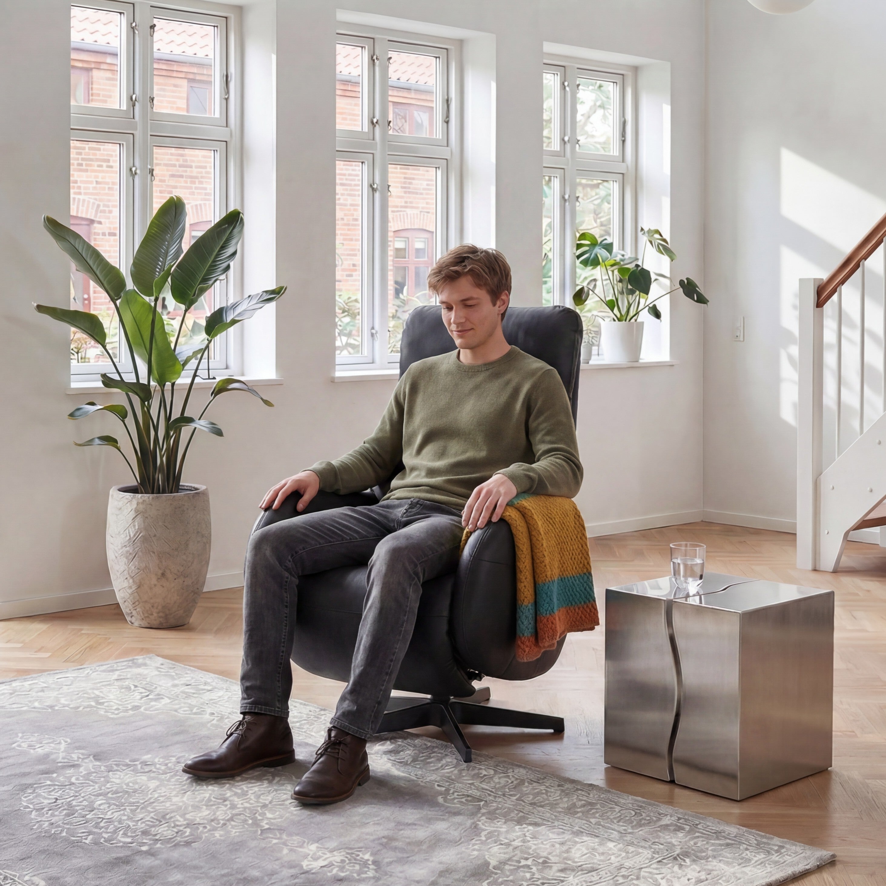 Manueller Relaxsessel Dalton - Echtleder Schwarz, drehbar - FURNHOUSE