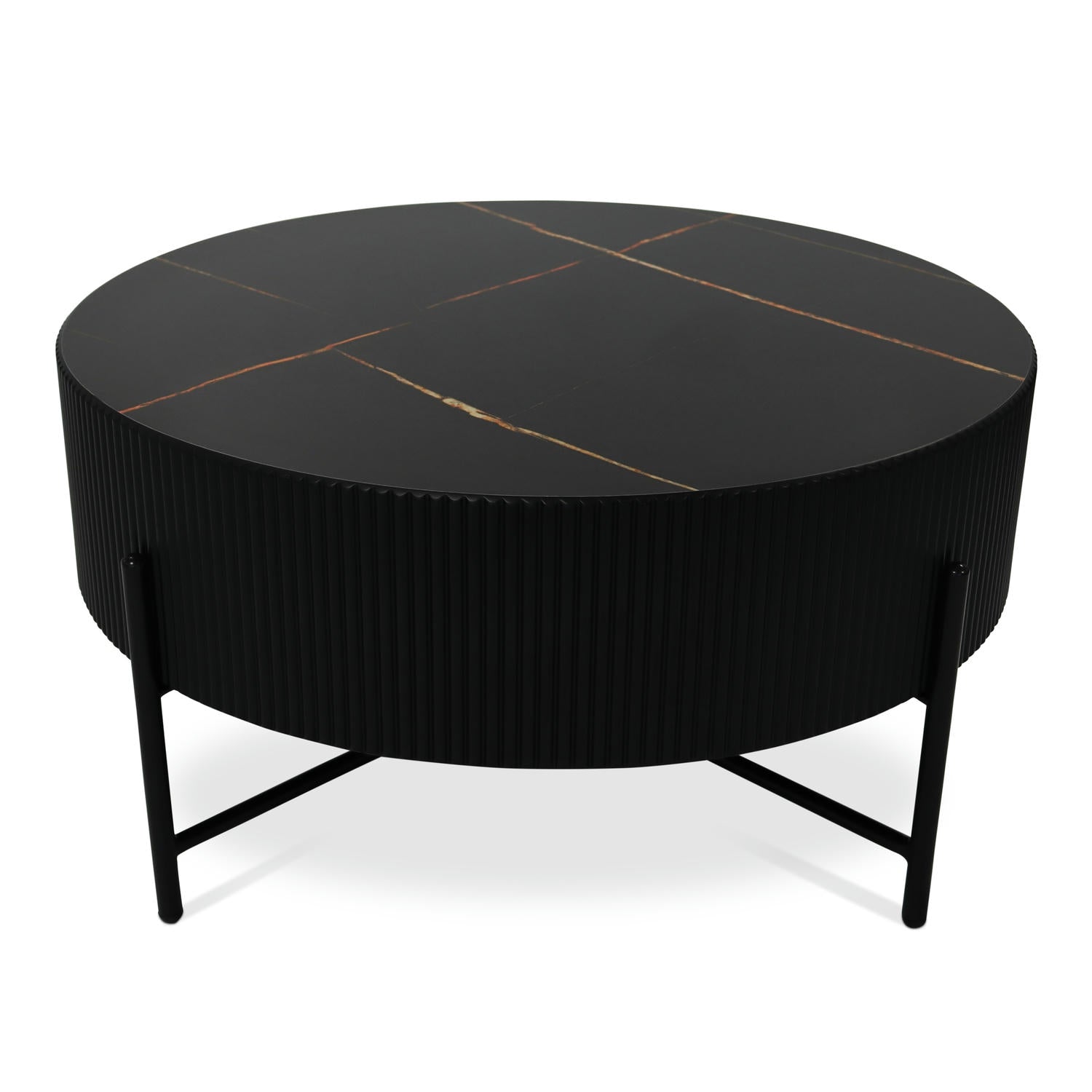 Milo Couchtisch Rund ø80 cm - Marmoroptik & Lamellenoptik Schwarz