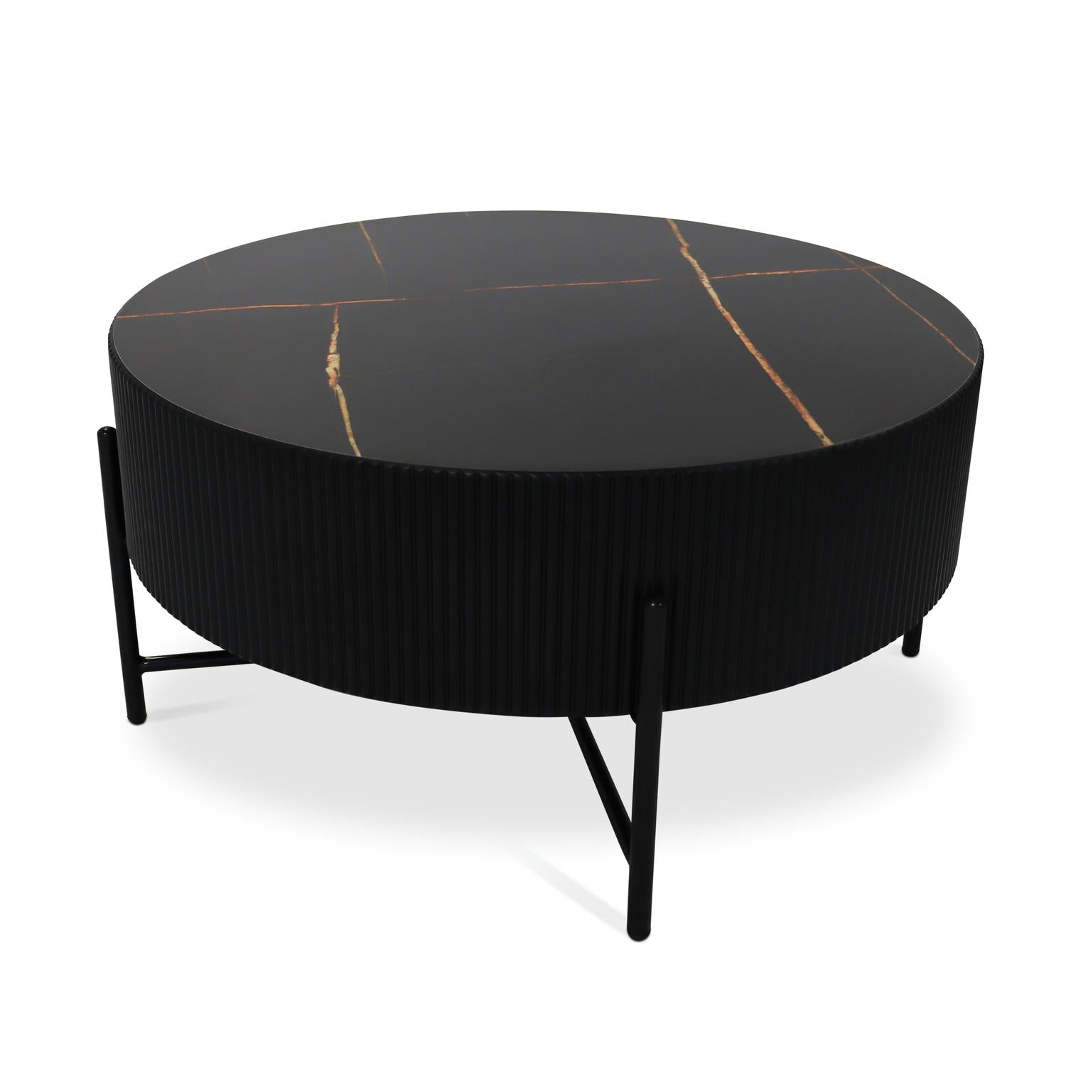 Milo Couchtisch Rund ø80 cm - Marmoroptik & Lamellenoptik Schwarz