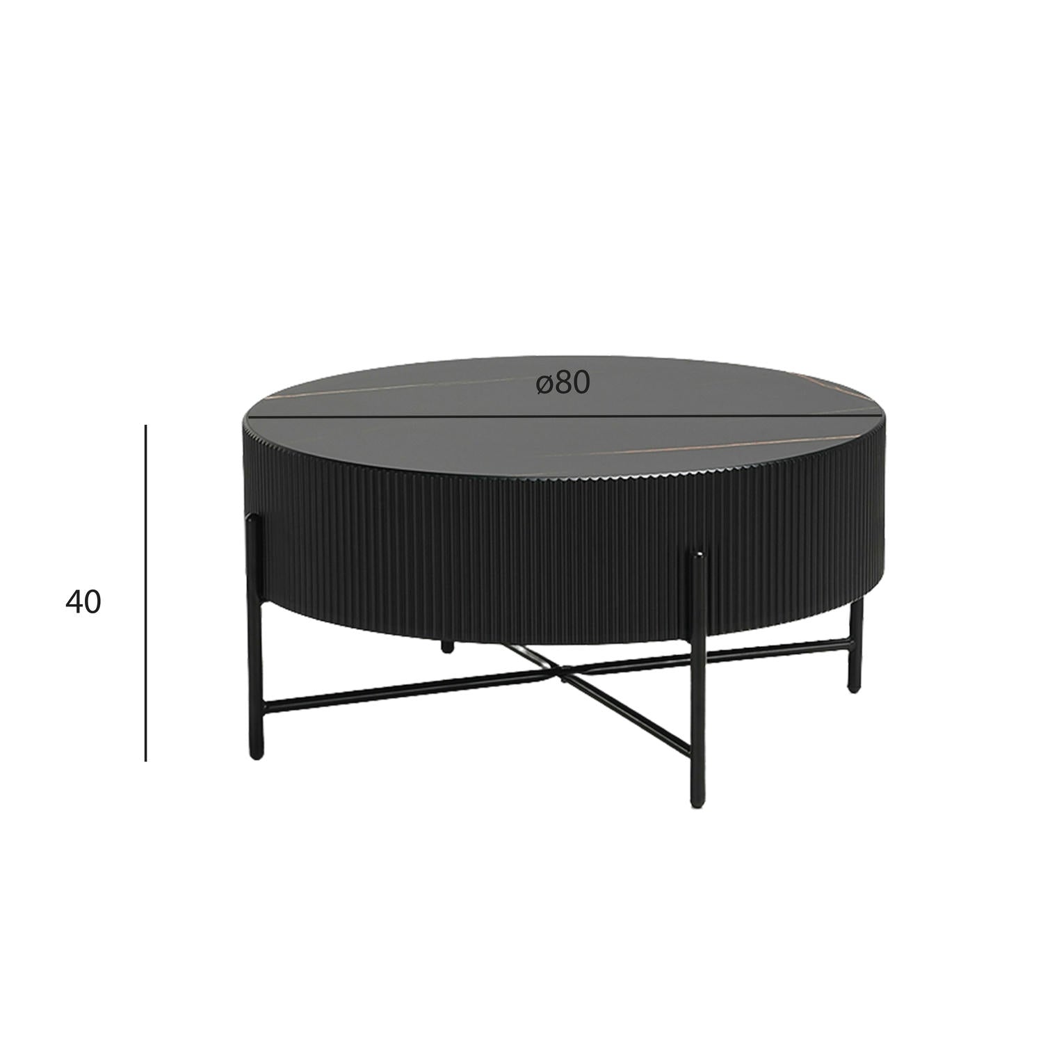 Milo Couchtisch Rund ø80 cm - Marmoroptik & Lamellenoptik Schwarz