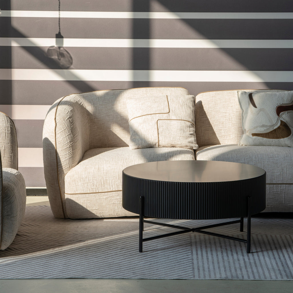 Milo Couchtisch Rund ø80 cm - Marmoroptik & Lamellenoptik Schwarz