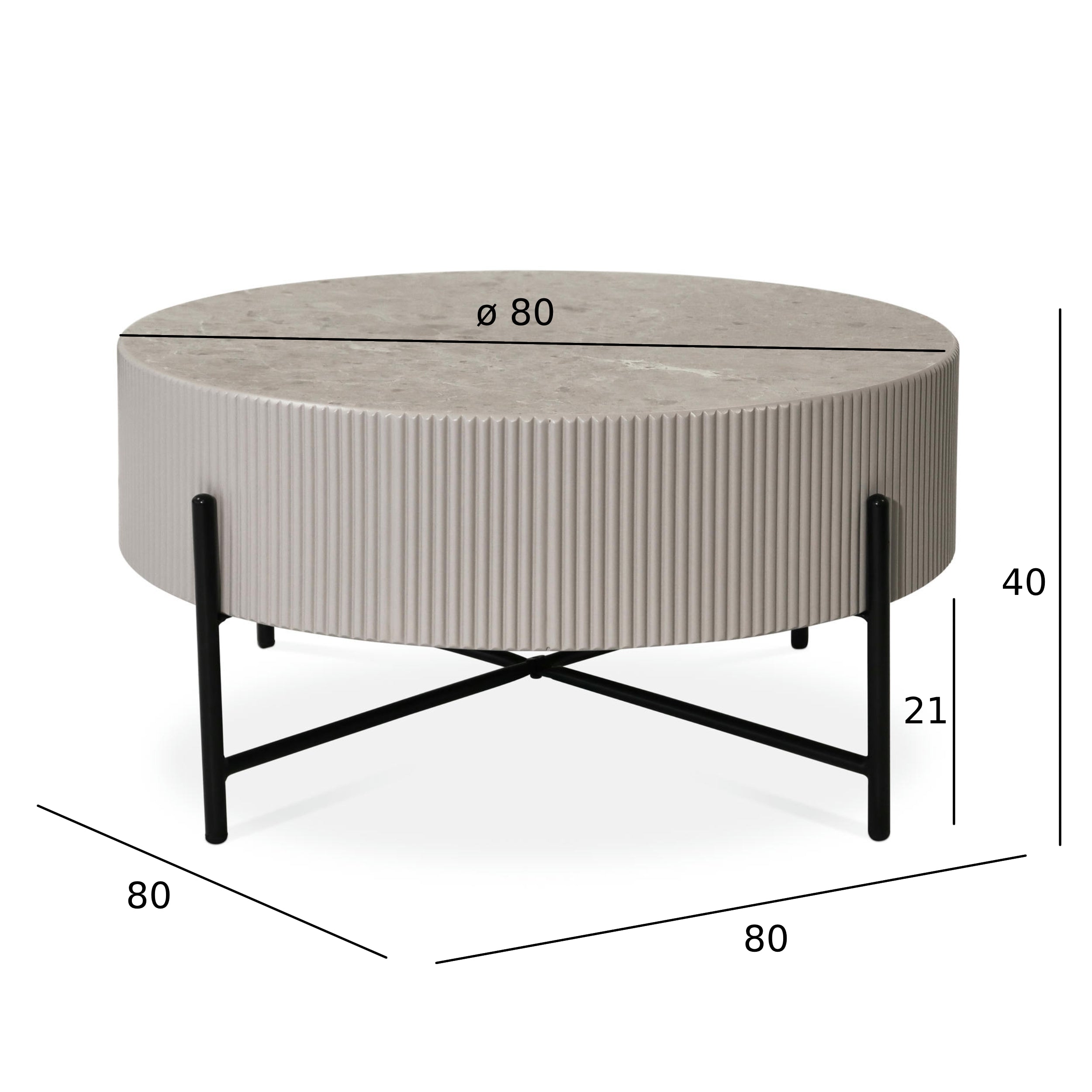 Couchtisch Rund ø80 cm - Marmoroptik & Lamellenoptik Grau