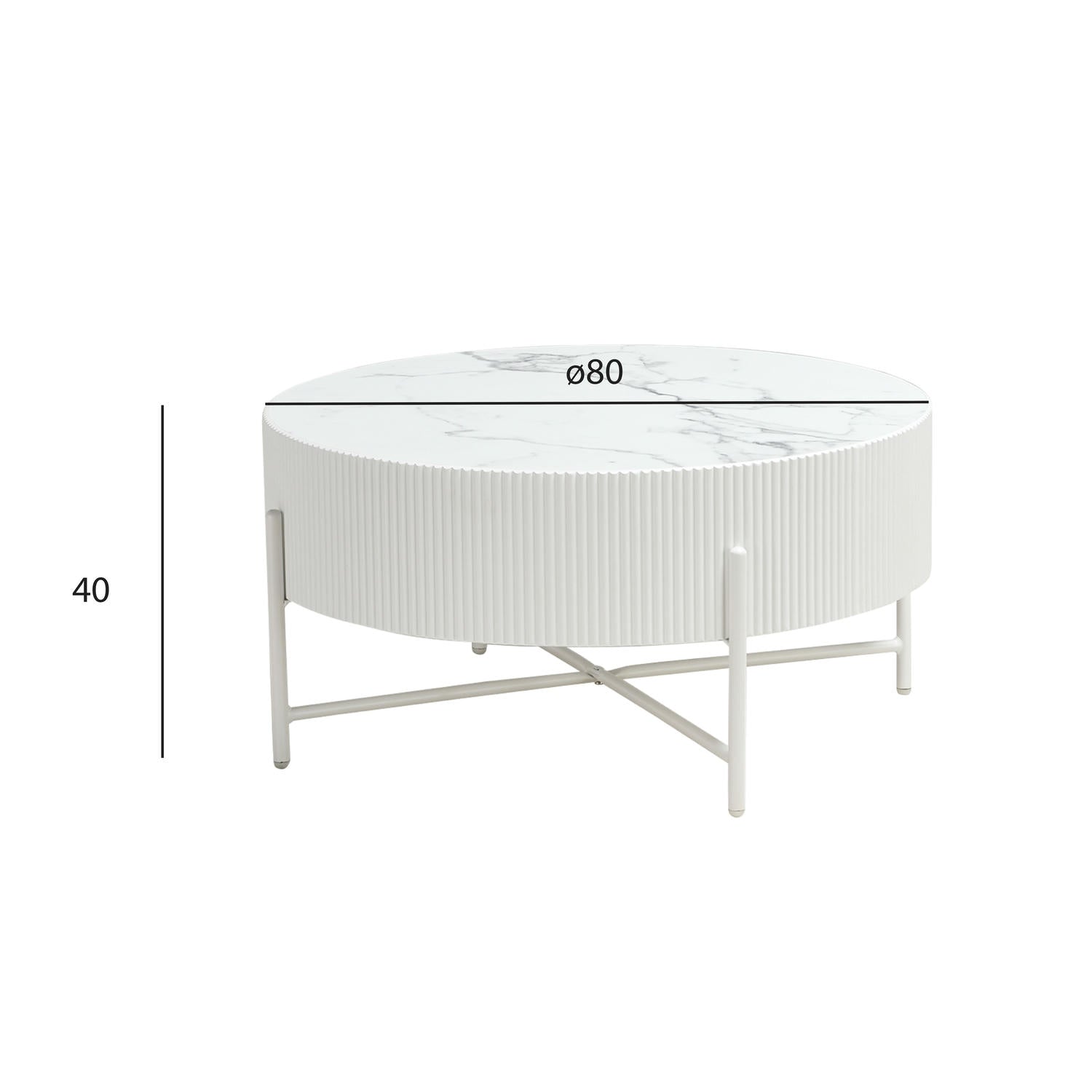 Milo Couchtisch Rund ø80 cm - Marmoroptik & Lamellenoptik Weiß