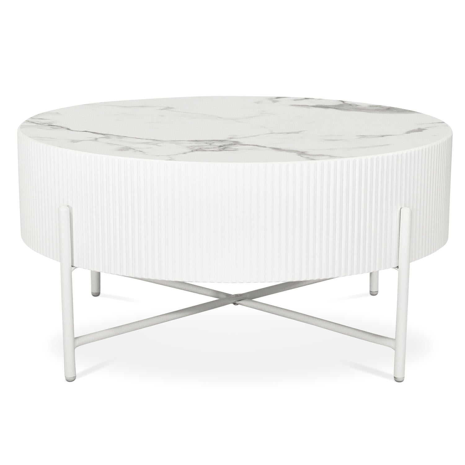 Milo Couchtisch Rund ø80 cm - Marmoroptik & Lamellenoptik Weiß
