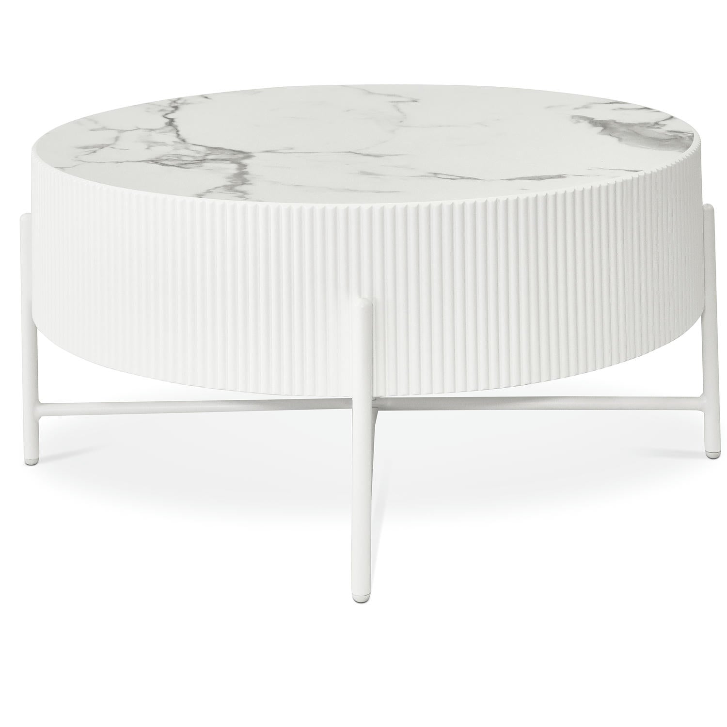 Milo Couchtisch Rund ø80 cm - Marmoroptik & Lamellenoptik Weiß
