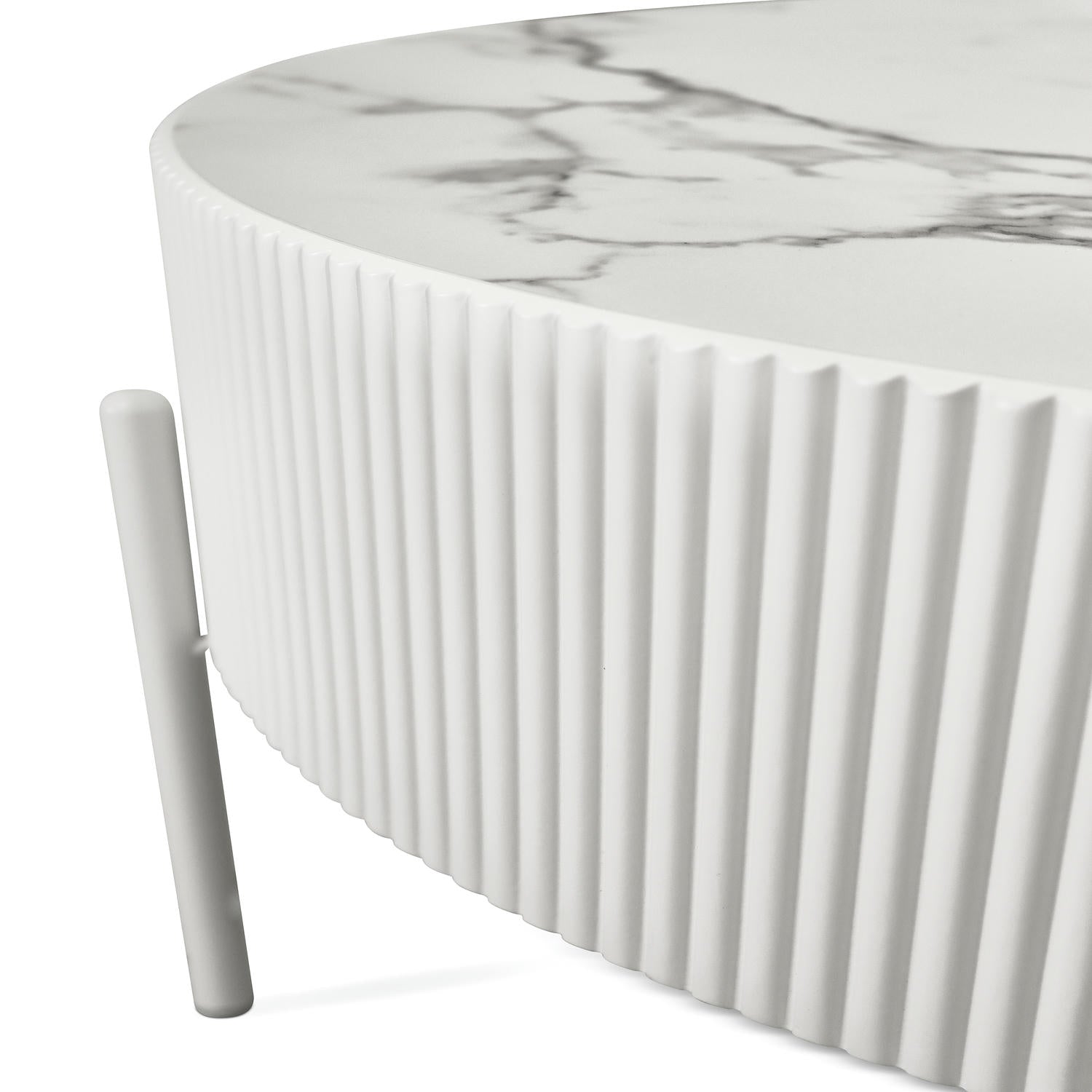 Milo Couchtisch Rund ø80 cm - Marmoroptik & Lamellenoptik Weiß