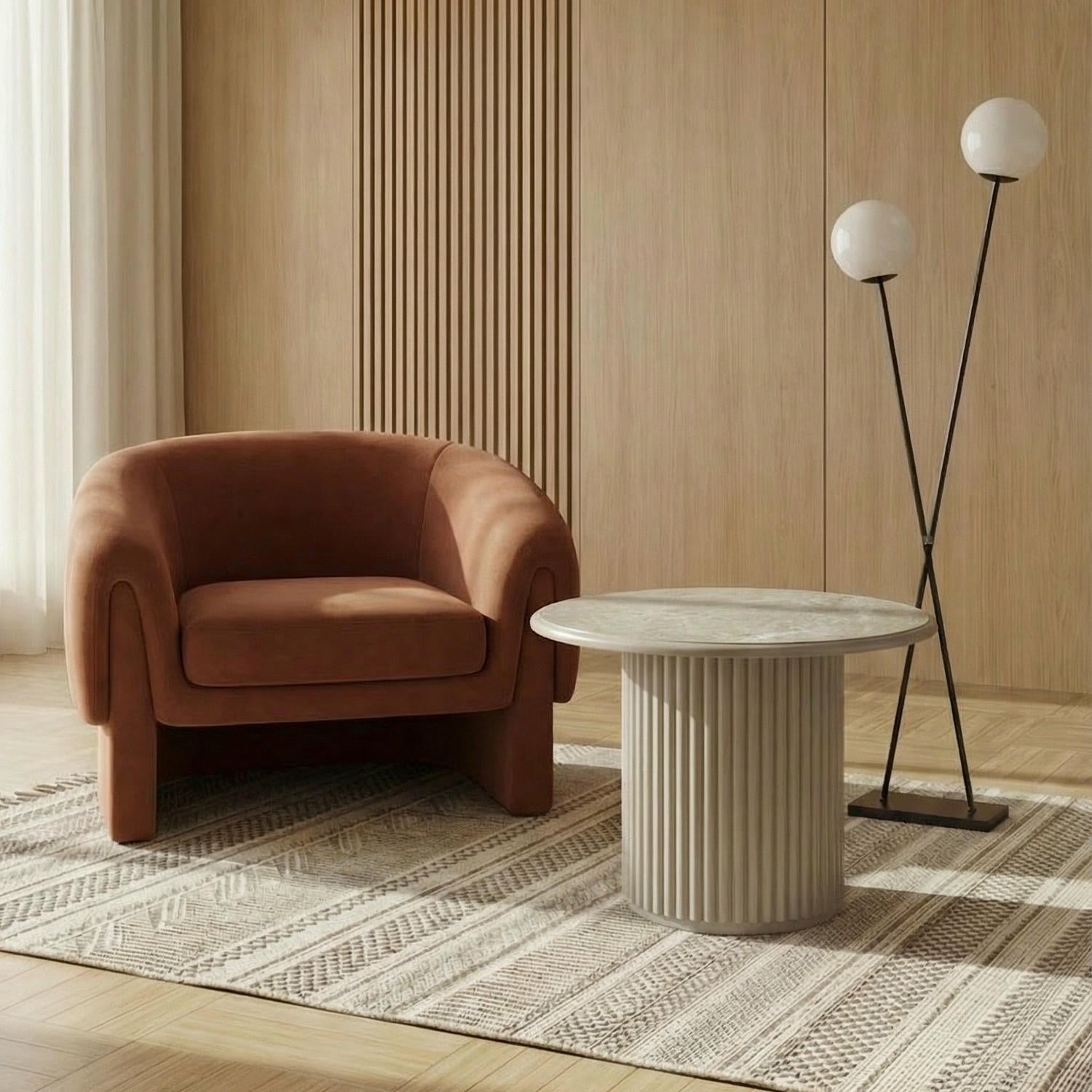 Couchtisch Rund ø60 cm - Marmoroptik & Lamellenoptik Beige