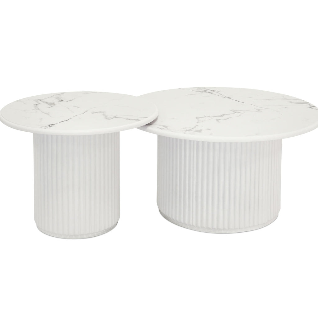 Easy Couchtisch Rund ø60 cm - Marmoroptik & Lamellenoptik Weiß