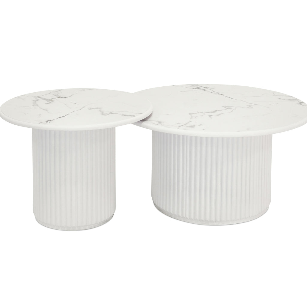 Couchtisch 2er Set ø60/80 cm Easy - Marmoroptik & Lamellenoptik Weiß