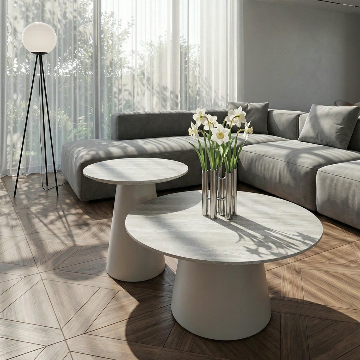 Couchtisch 2er Set ø45/60 cm - Travertine-Optik Grau - FURNHOUSE