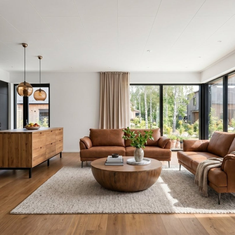 3-Sitzer Ledersofa Soul Cognacbraun im hellen Wohnraum