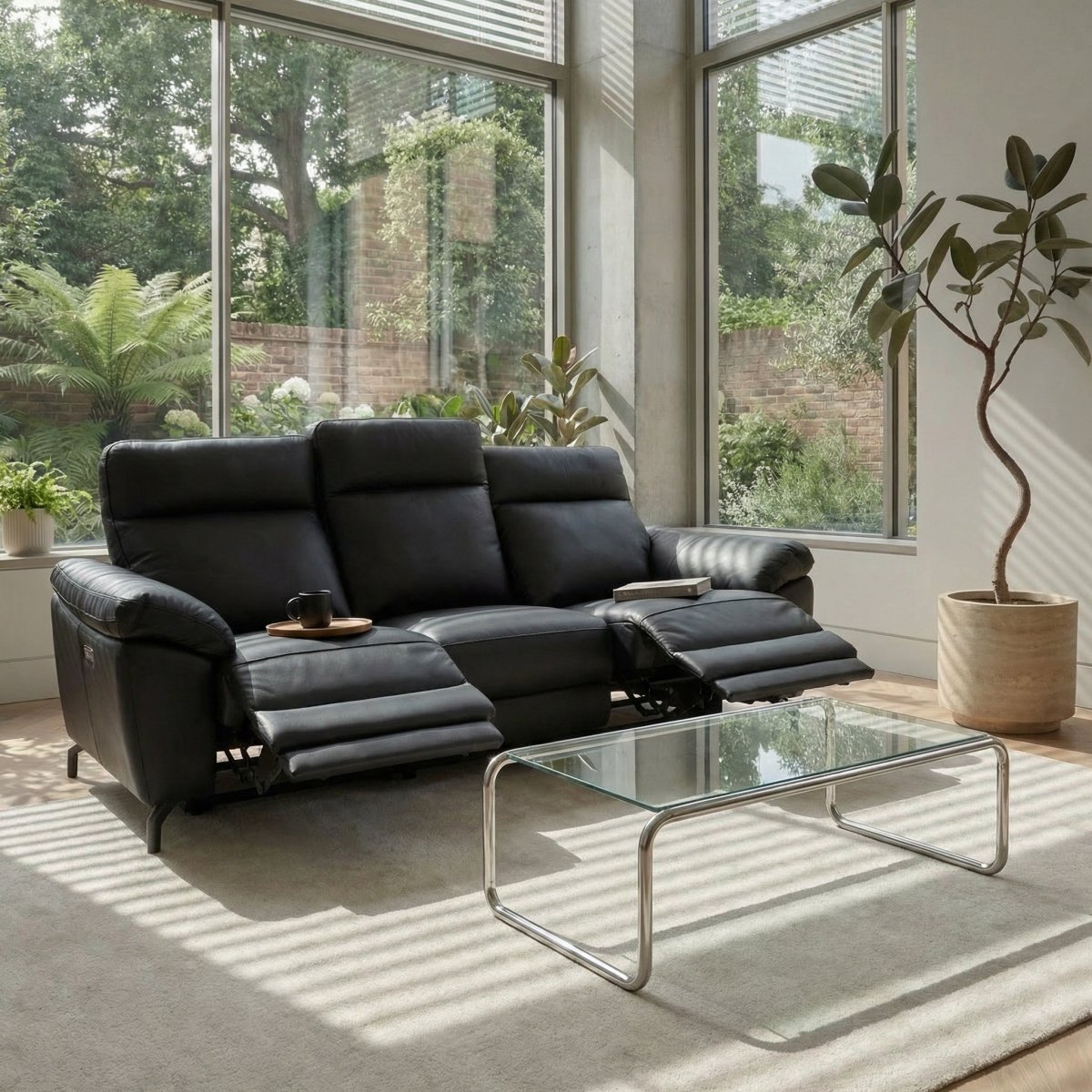 3-Sitzer Sofa - mit Elektrische Relaxfunktion, USB - Echtleder Schwarz - FURNHOUSE