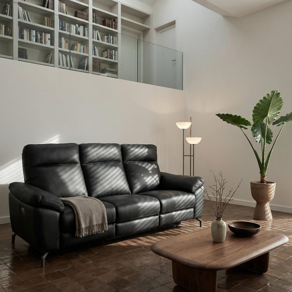 3-Sitzer Sofa - mit Elektrische Relaxfunktion, USB - Echtleder Schwarz - FURNHOUSE