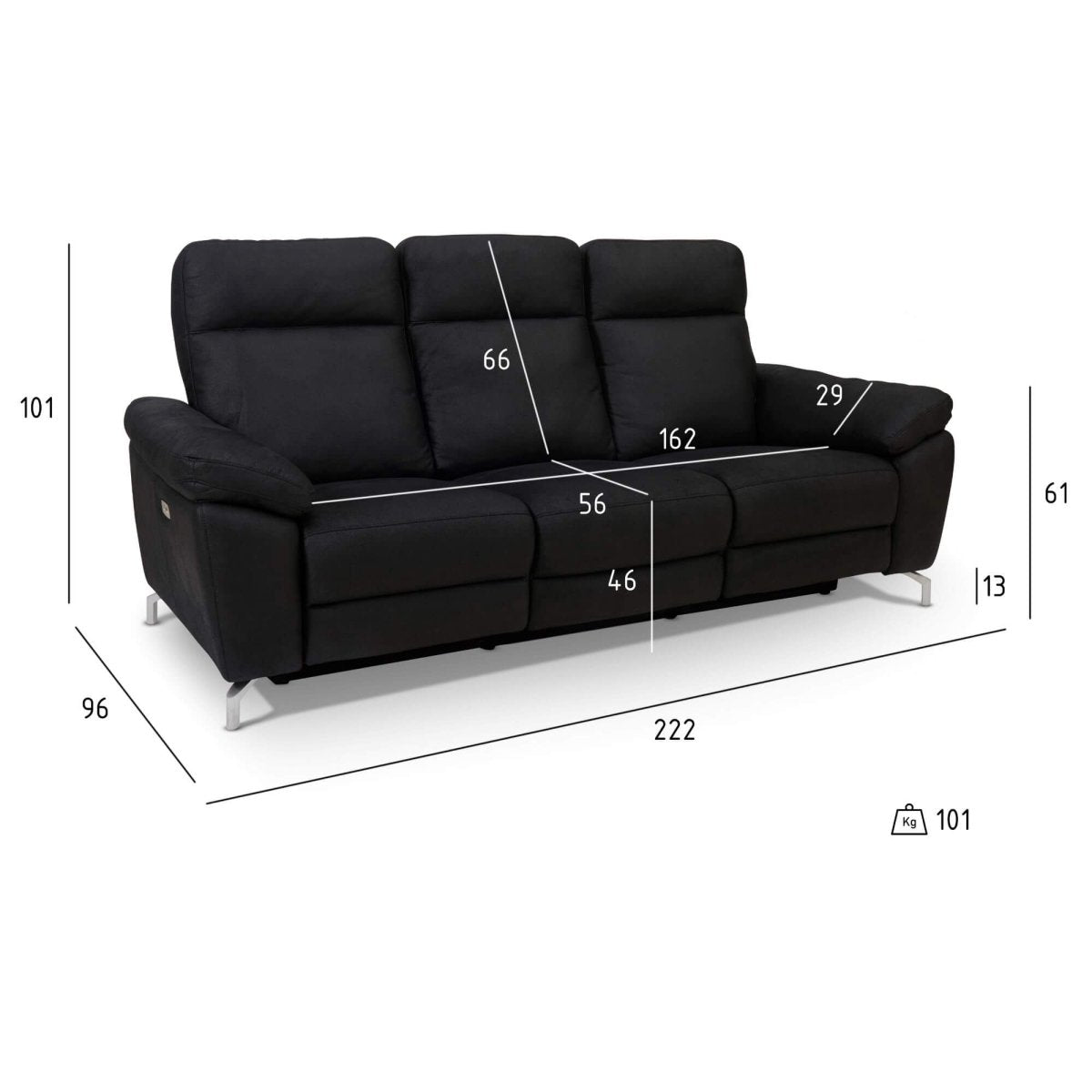 3-Sitzer Sofa - mit Elektrische Relaxfunktion, USB - Stoffbezug Schwarz - FURNHOUSE