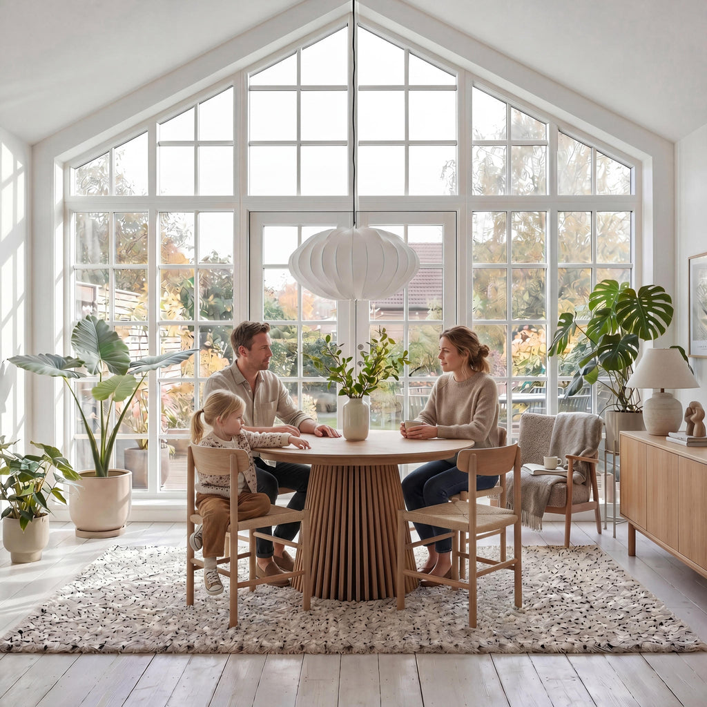 Essgruppe mit 4 Stühle und Esstisch - ø120 cm - Ausziehbar bis 220 cm Wildeiche - FURNHOUSE