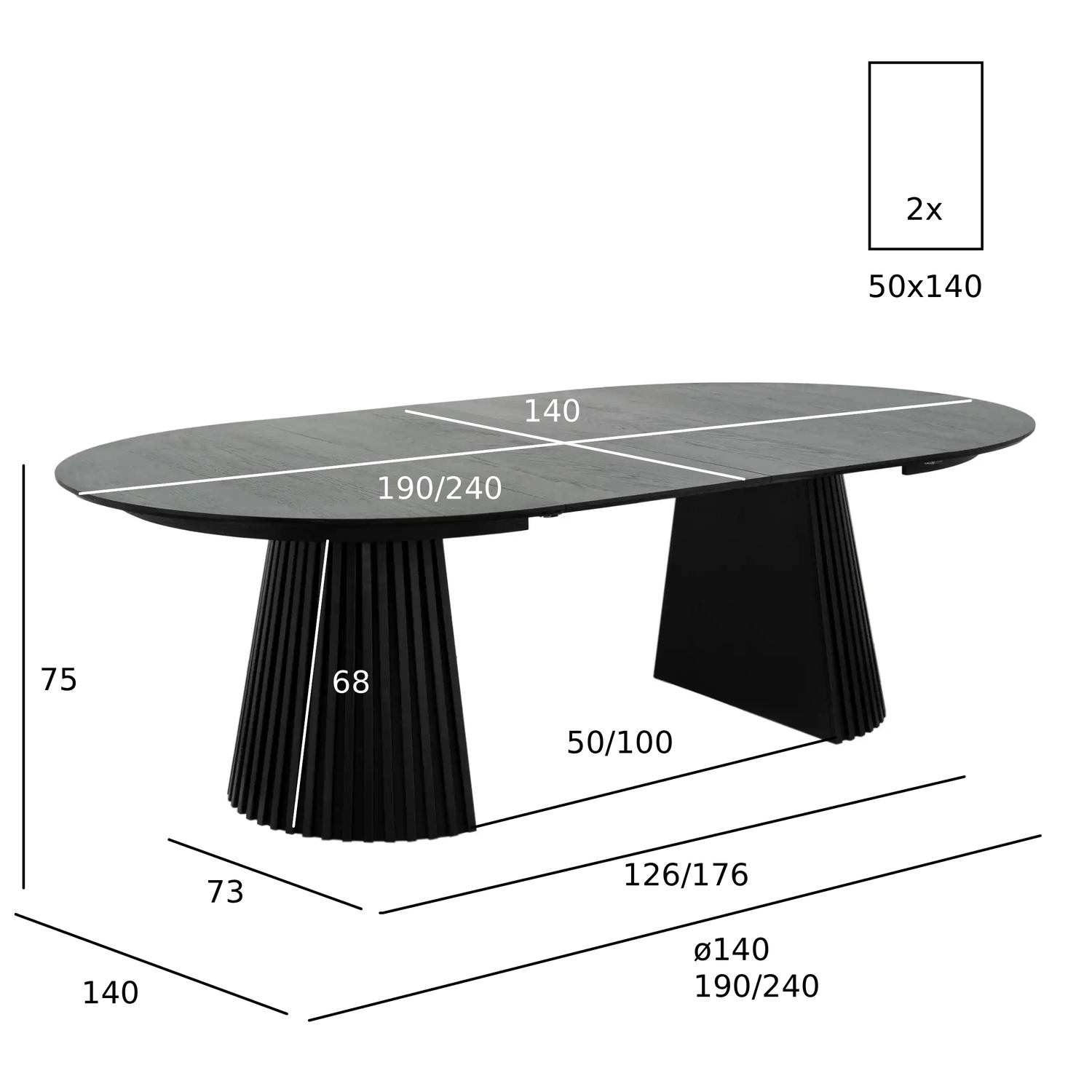 Essgruppe mit 4 Stühle und Esstisch - ø140 cm - Ausziehbar bis 240 cm Schwarz - FURNHOUSE