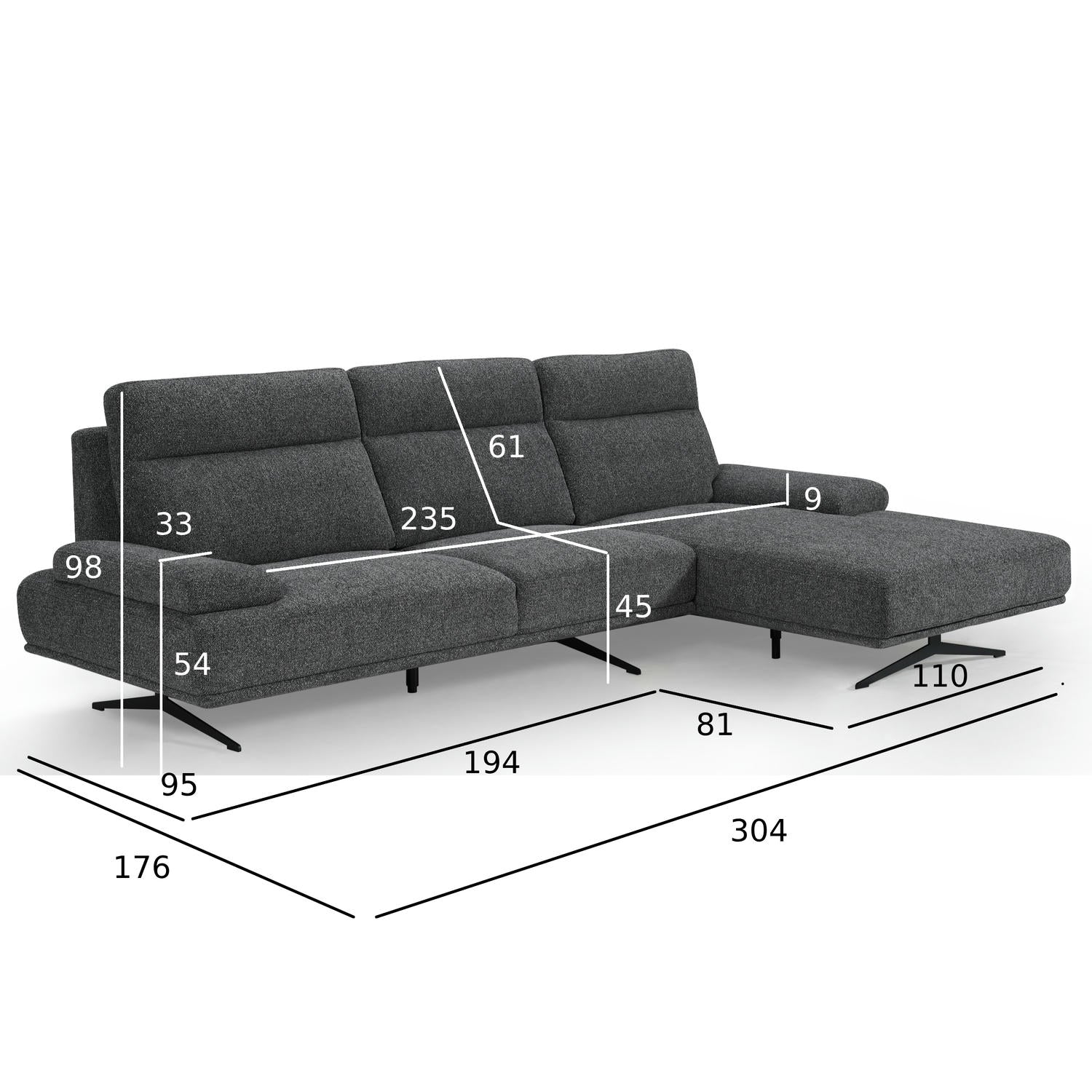 Seattle L-Form Ecksofa Rechts - Stoffbezug Grau