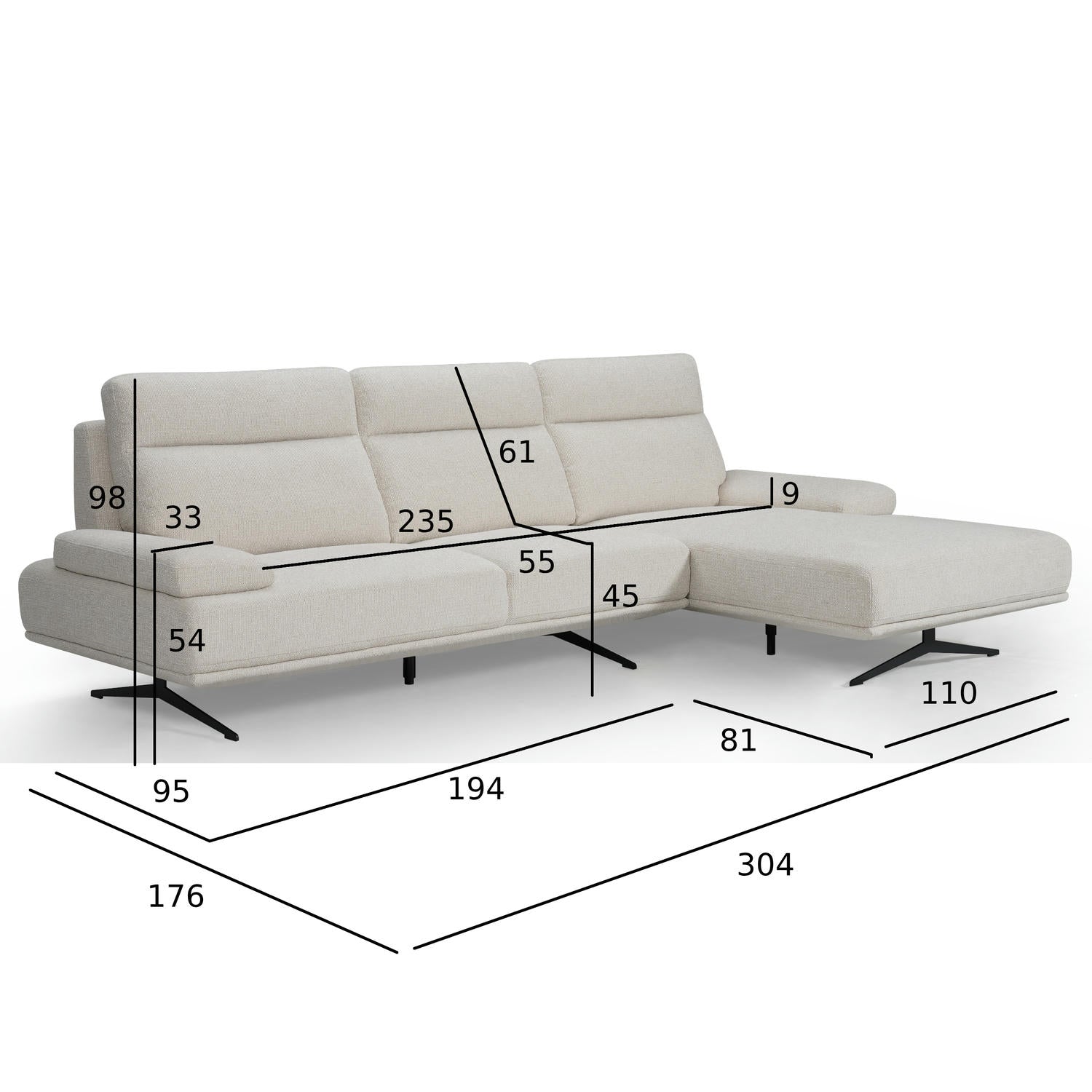 Seattle L-Form Ecksofa Rechts - Stoffbezug Creme Weiß