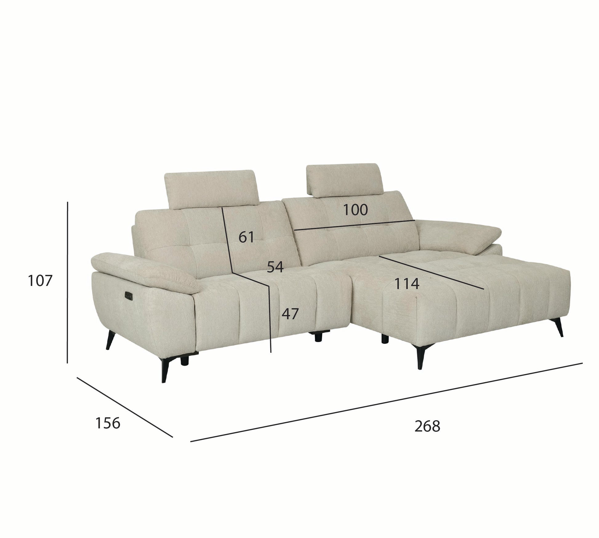 Colorado L-Form Ecksofa Rechts – mit Elektrische Relaxfunktion, USB - Stoffbezug Creme Beige