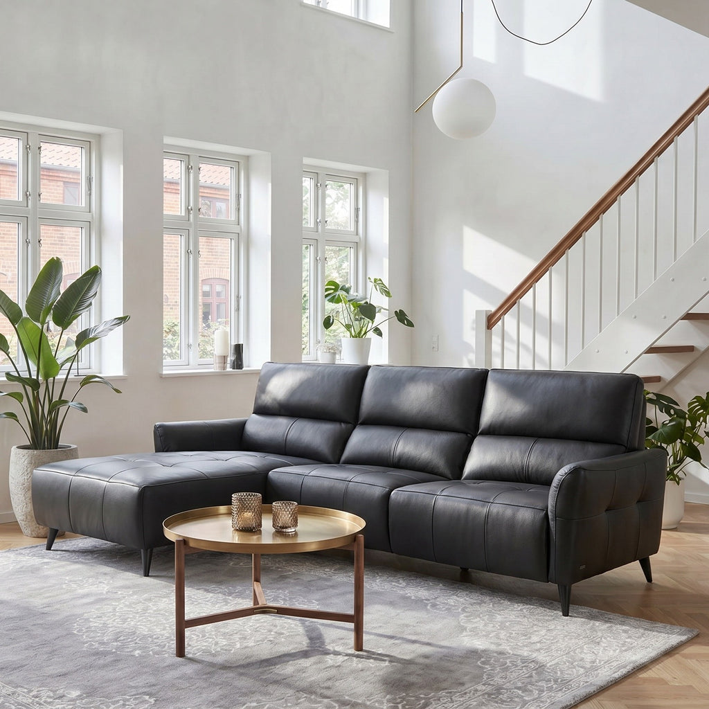 L-Form Ledersofa mit Ottomane Links - Echtleder Schwarz Panama - FURNHOUSE