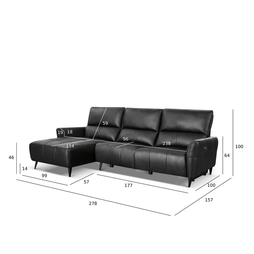 L-Form Ledersofa mit Ottomane Links - Echtleder Schwarz Panama - FURNHOUSE