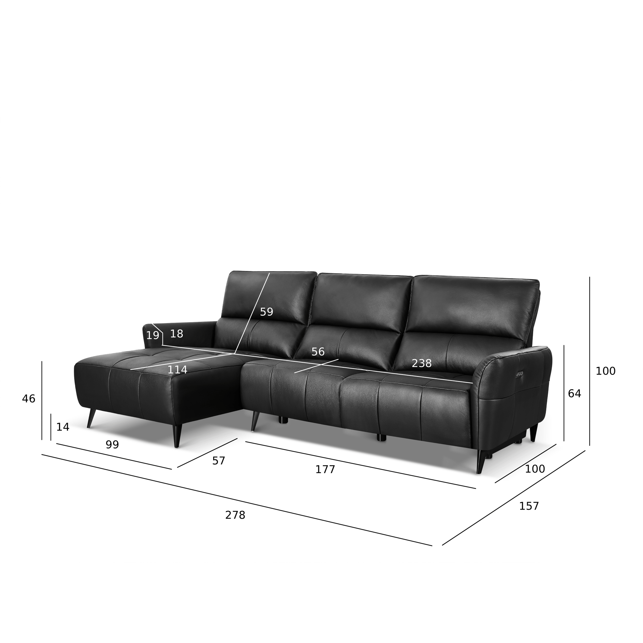 L-Form Ledersofa mit Ottomane Links - Echtleder Schwarz Panama - FURNHOUSE