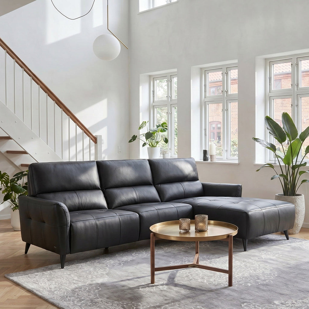 L-Form Ledersofa mit Ottomane Rechts - Echtleder Schwarz Panama - FURNHOUSE