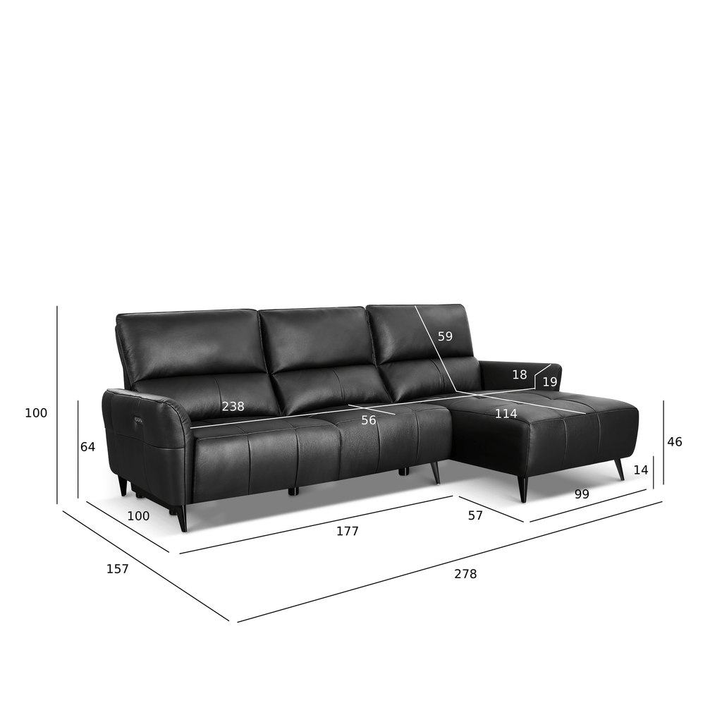 L-Form Ledersofa mit Ottomane Rechts - Echtleder Schwarz Panama - FURNHOUSE