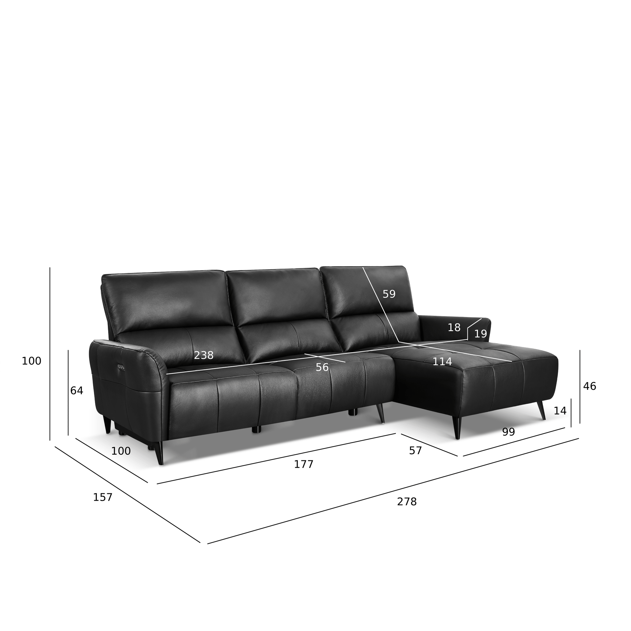 L-Form Ledersofa mit Ottomane Rechts - Echtleder Schwarz Panama - FURNHOUSE