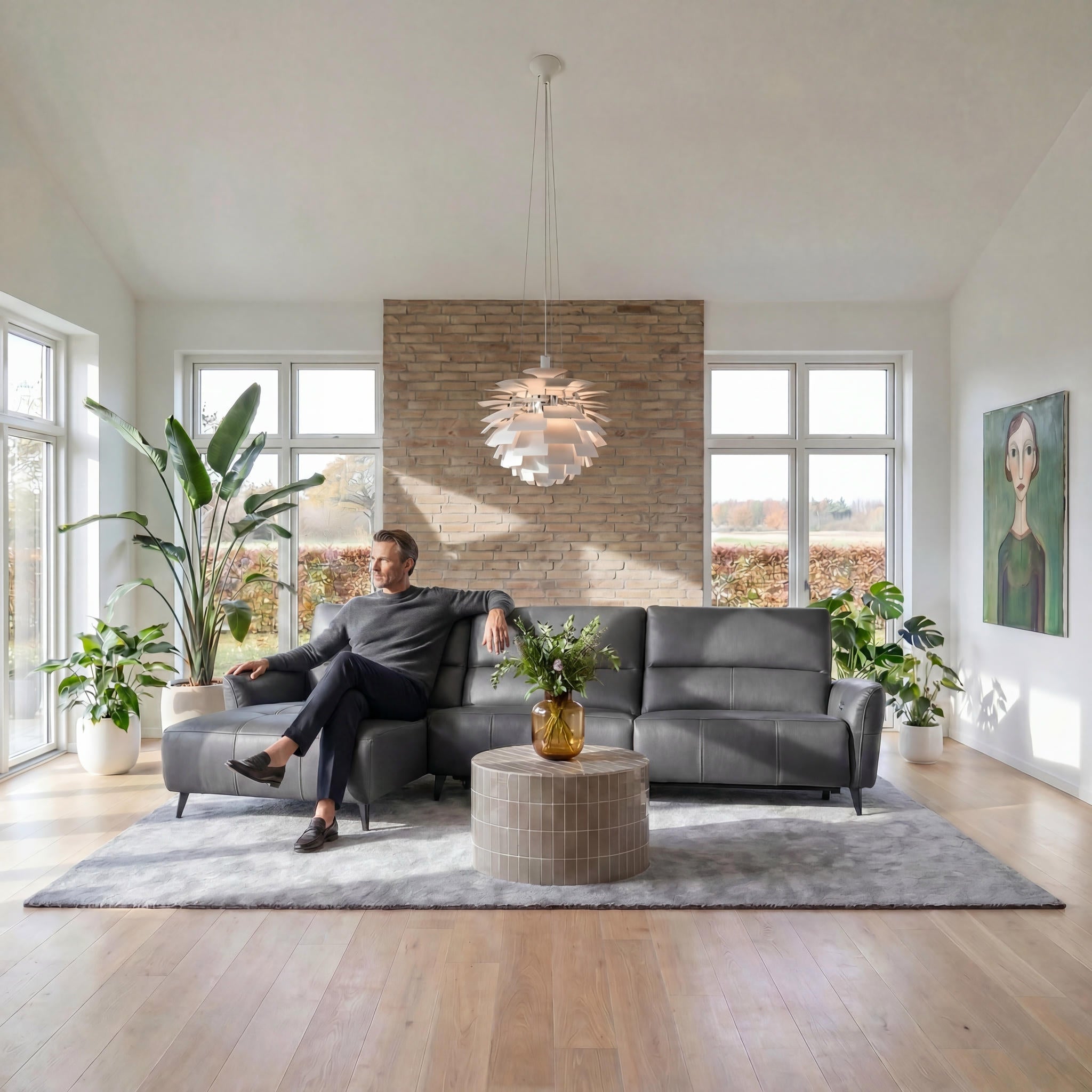 L-Form Ledersofa mit Ottomane Links - Echtleder Grau Panama - FURNHOUSE
