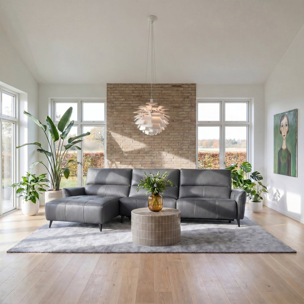 L-Form Ledersofa mit Ottomane Links - Echtleder Grau Panama - FURNHOUSE