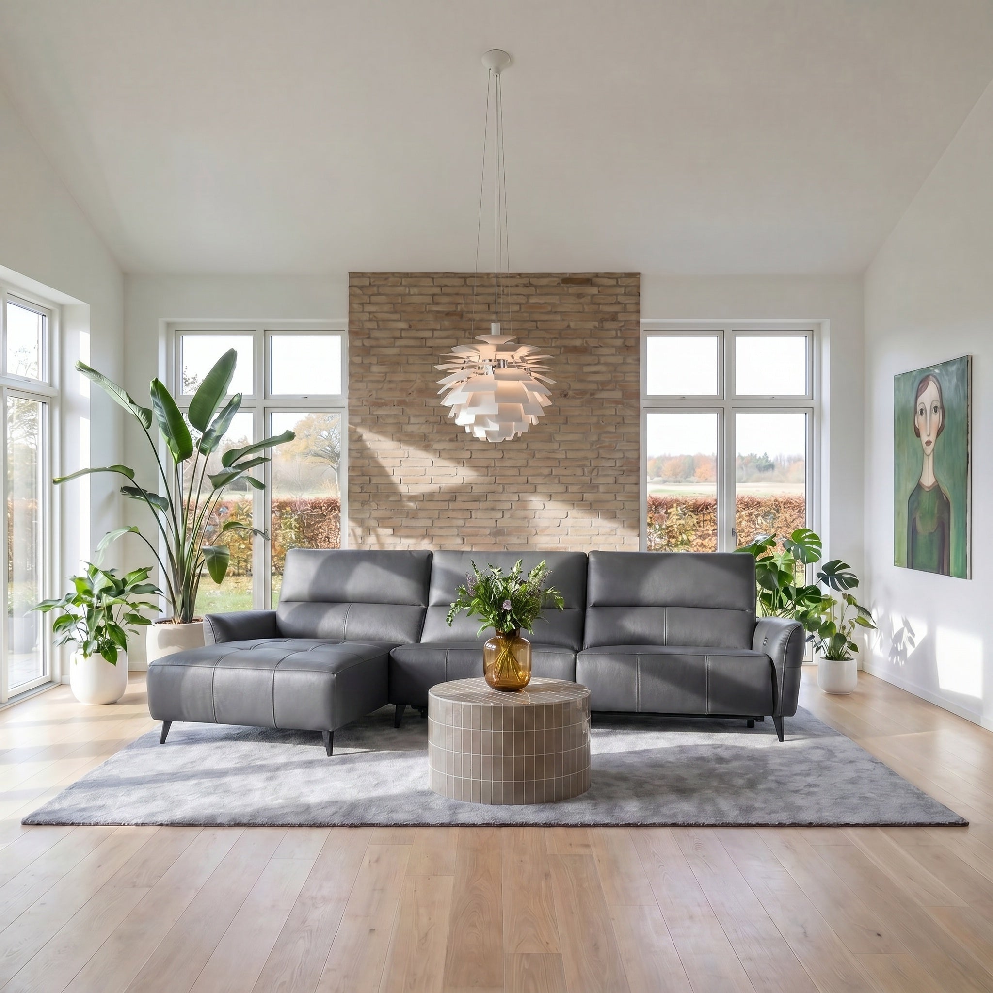 L-Form Ledersofa mit Ottomane Links - Echtleder Grau Panama - FURNHOUSE