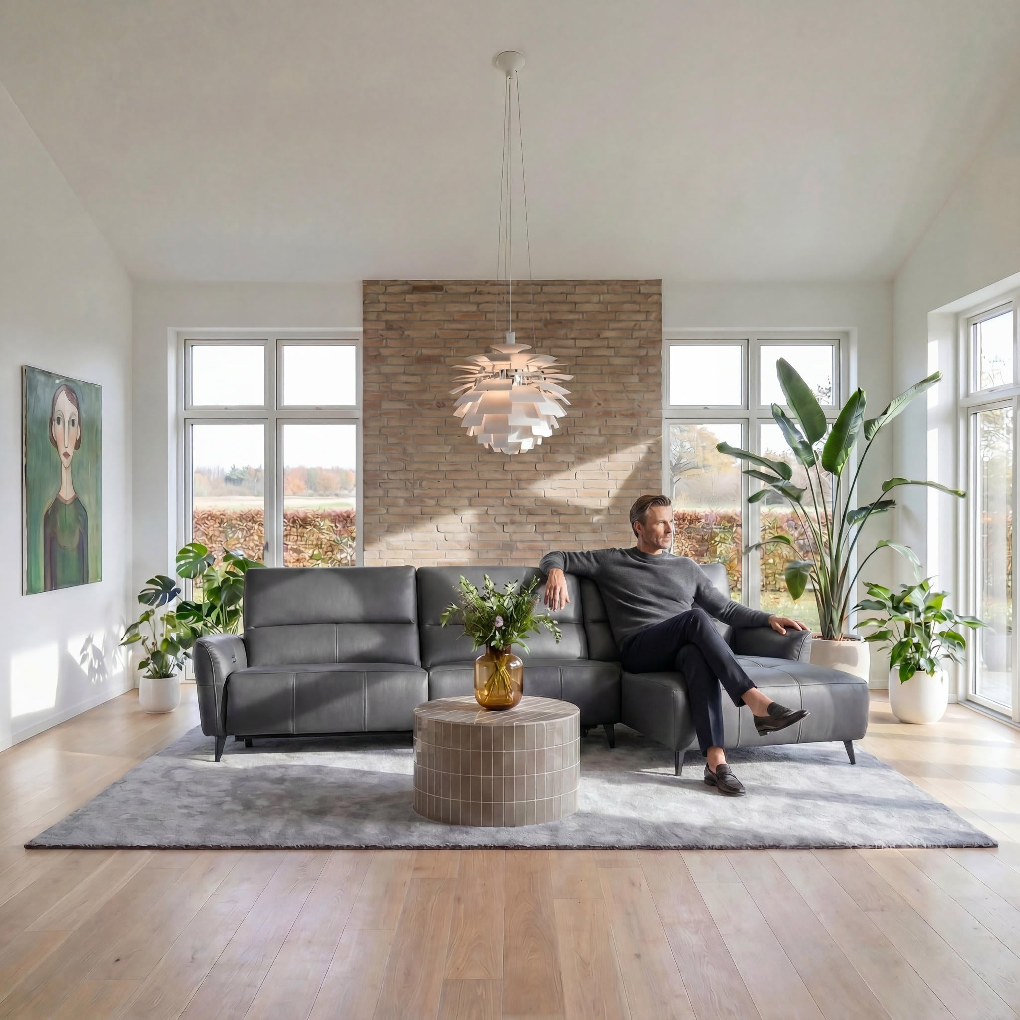 L-Form Ledersofa mit Ottomane Rechts - Echtleder Grau Panama - FURNHOUSE