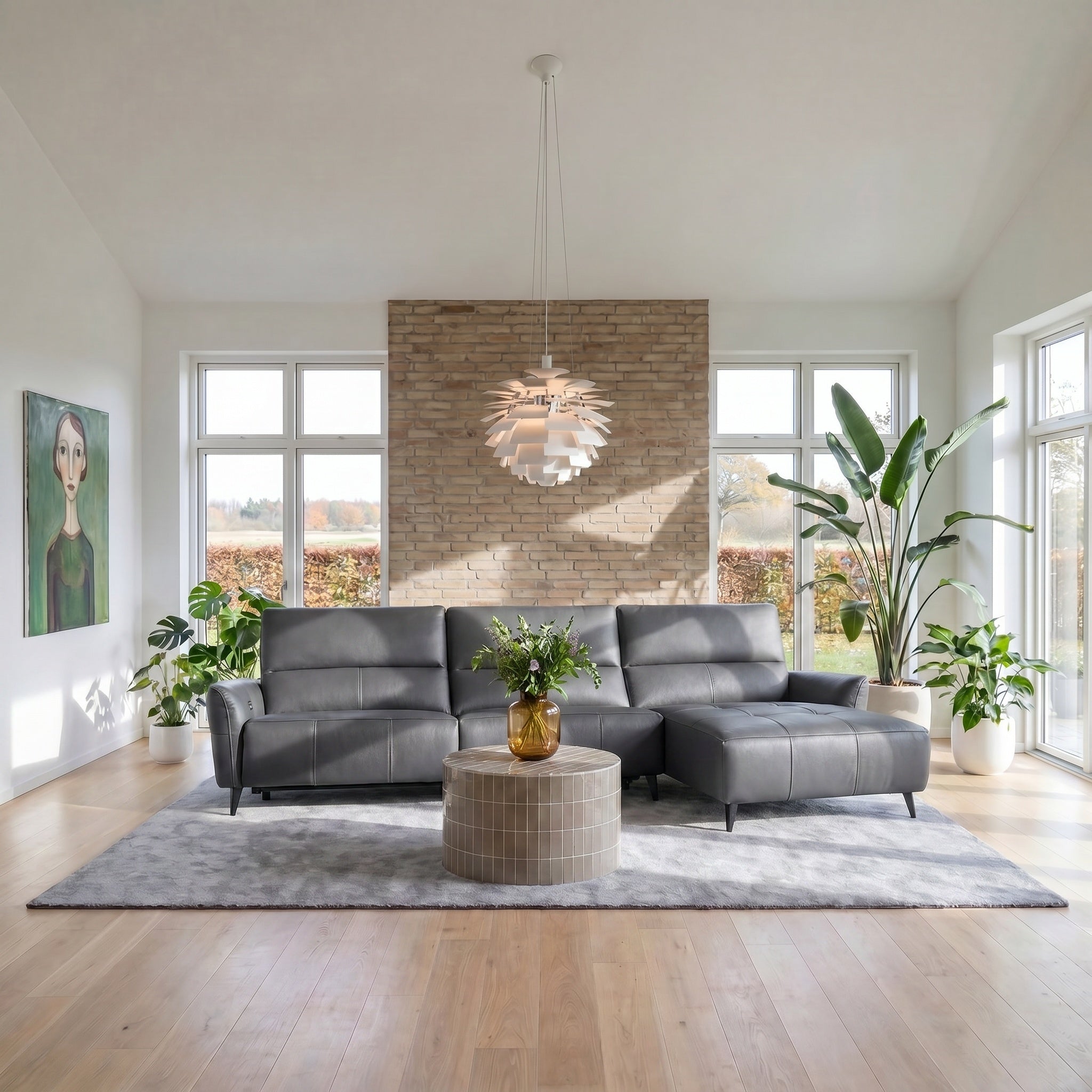 L-Form Ledersofa mit Ottomane Rechts - Echtleder Grau Panama - FURNHOUSE