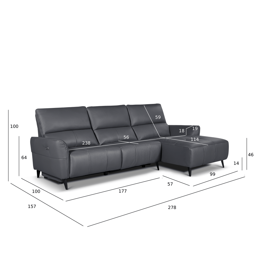 L-Form Ledersofa mit Ottomane Rechts - Echtleder Grau Panama - FURNHOUSE