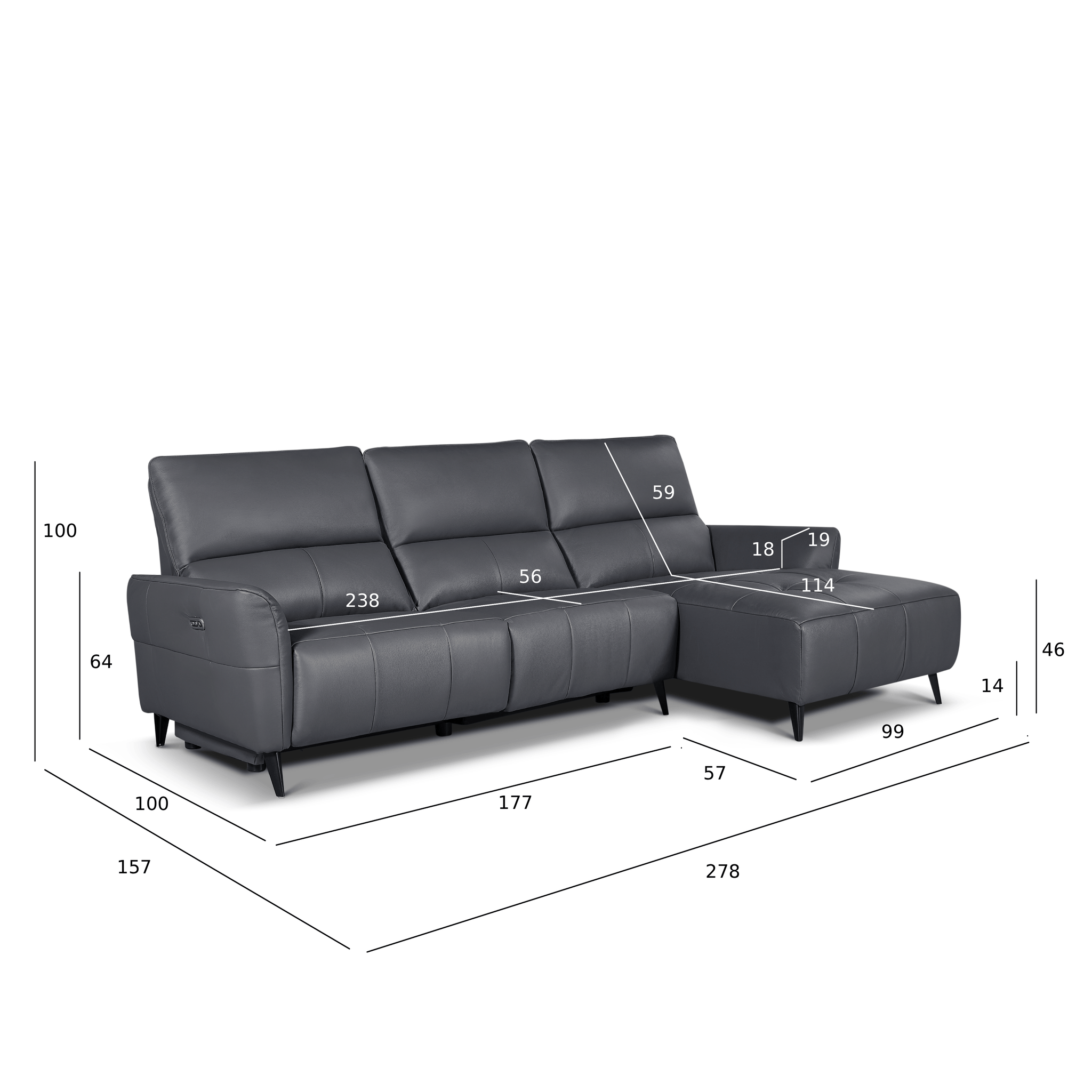 L-Form Ledersofa mit Ottomane Rechts - Echtleder Grau Panama - FURNHOUSE