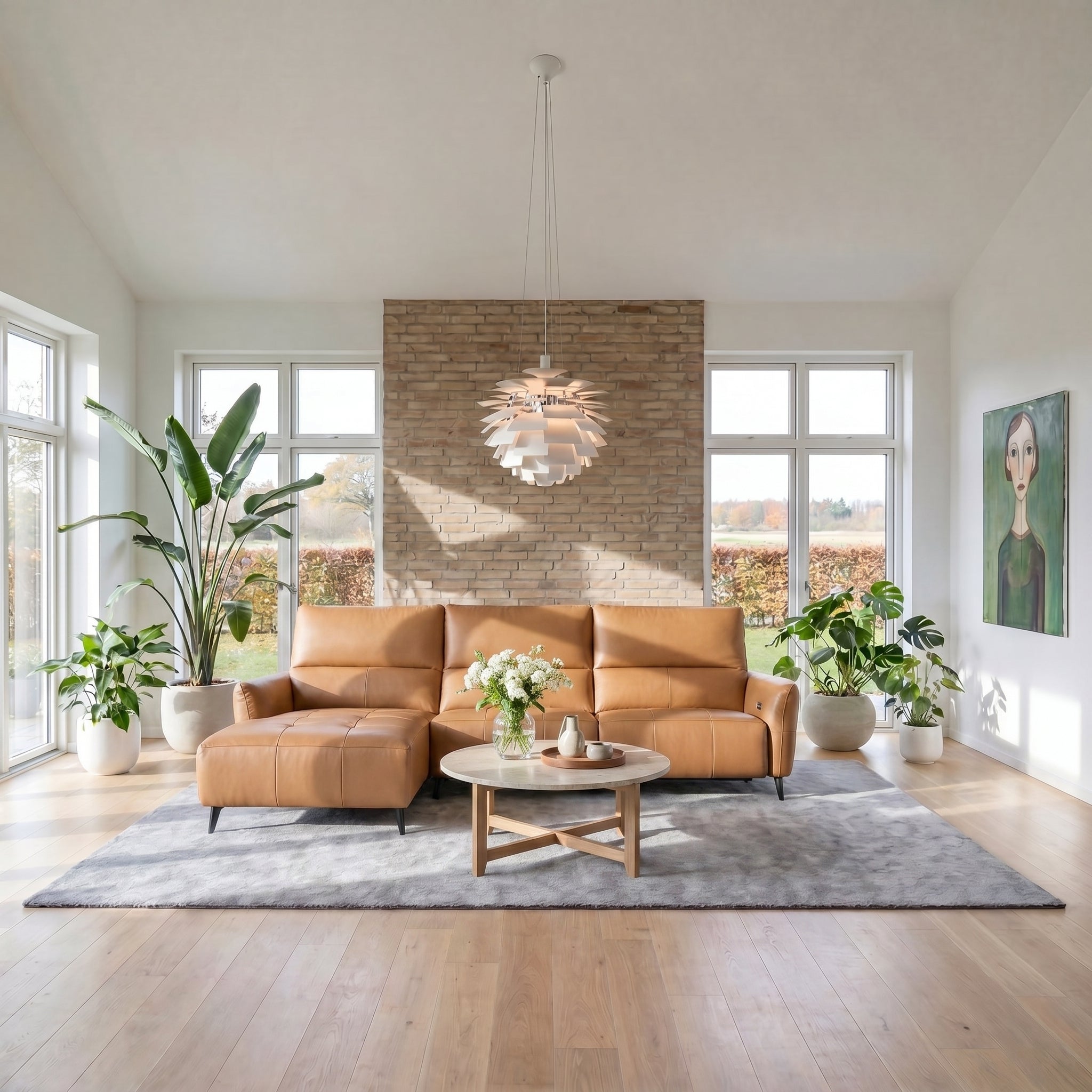 L-Form Ledersofa mit Ottomane Links - Echtleder Cognacbraun Panama - FURNHOUSE