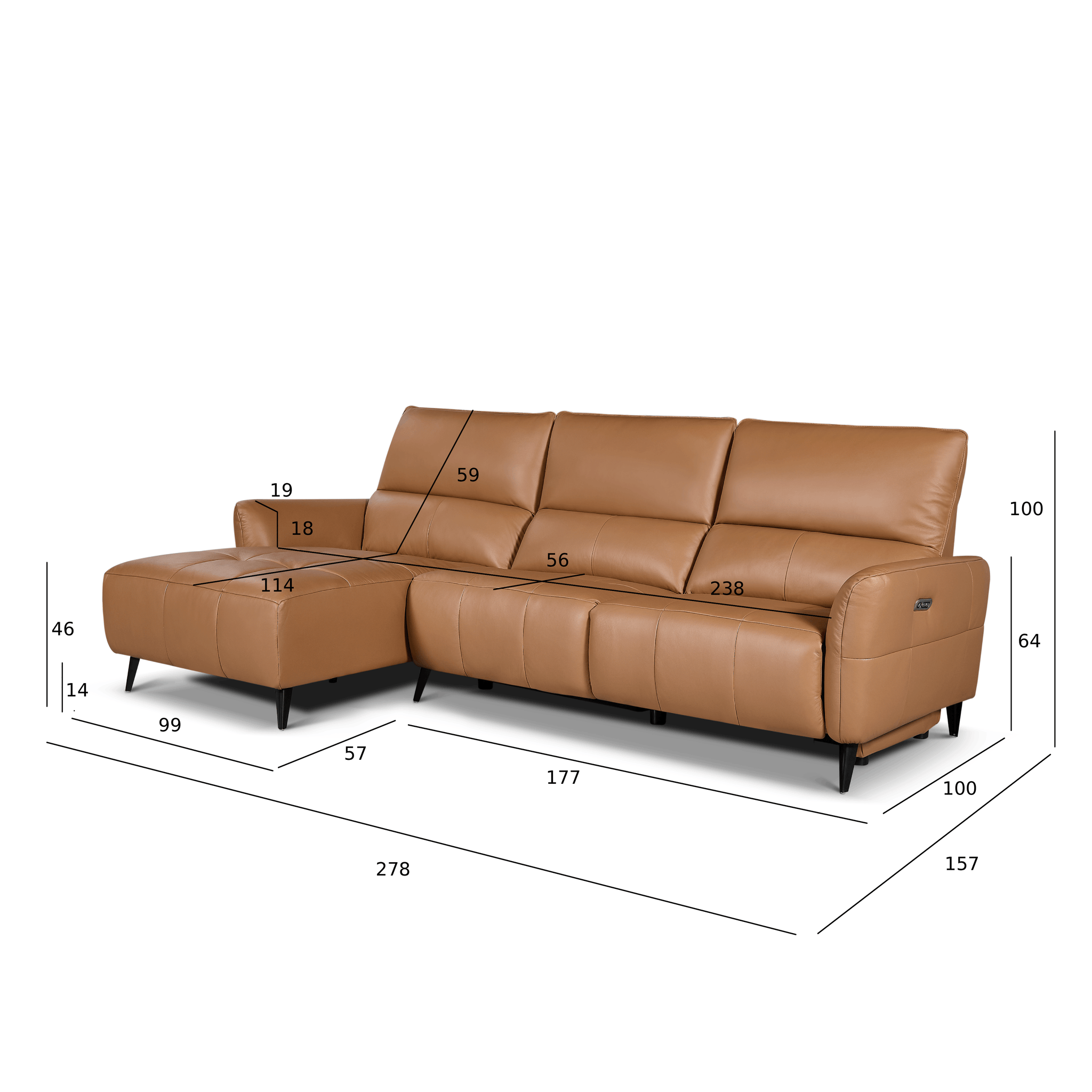 L-Form Ledersofa mit Ottomane Links - Echtleder Cognacbraun Panama - FURNHOUSE