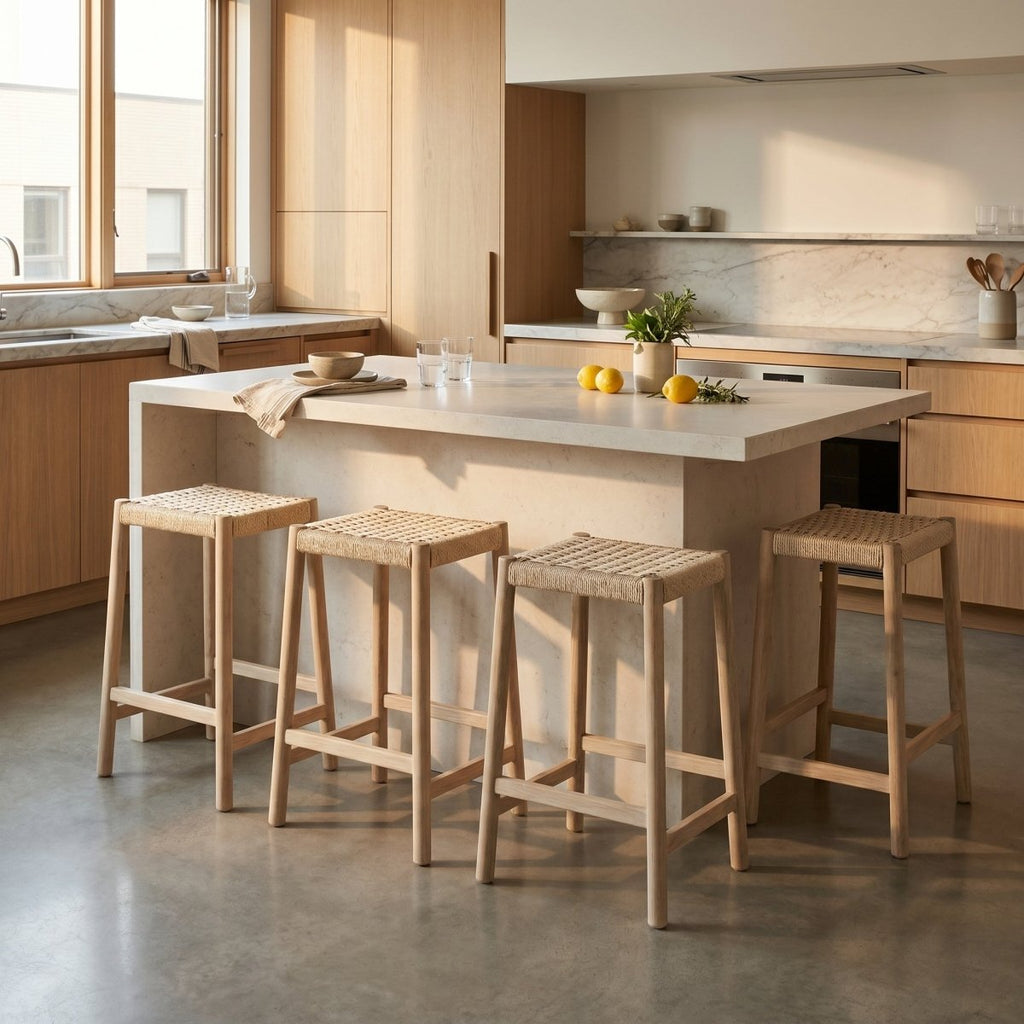 4er Set Barhocker Ida mit Geflechtsitz - Eiche bianco - IBBE DESIGN - FURNHOUSE