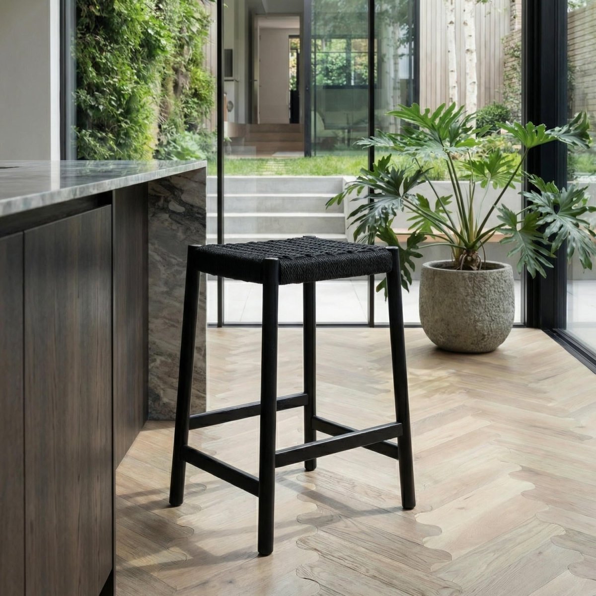 4er Set Barhocker Ida mit Geflechtsitz - Schwarz - FURNHOUSE