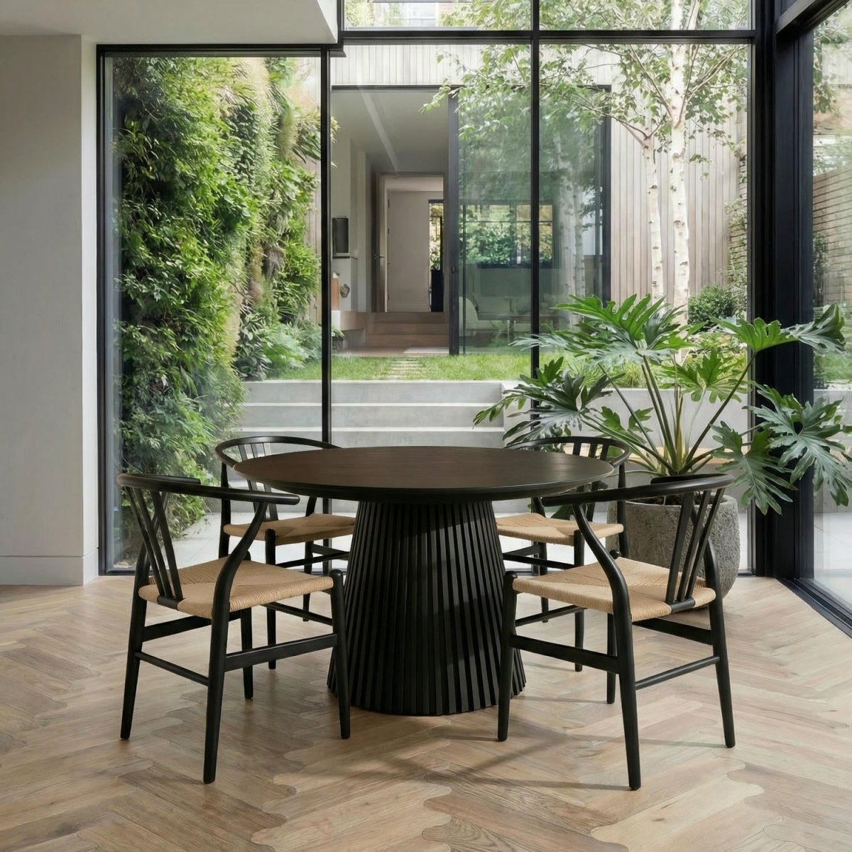 4er Set Esszimmerstühle Nikoline mit Geflechtsitz - Schwarz - FURNHOUSE