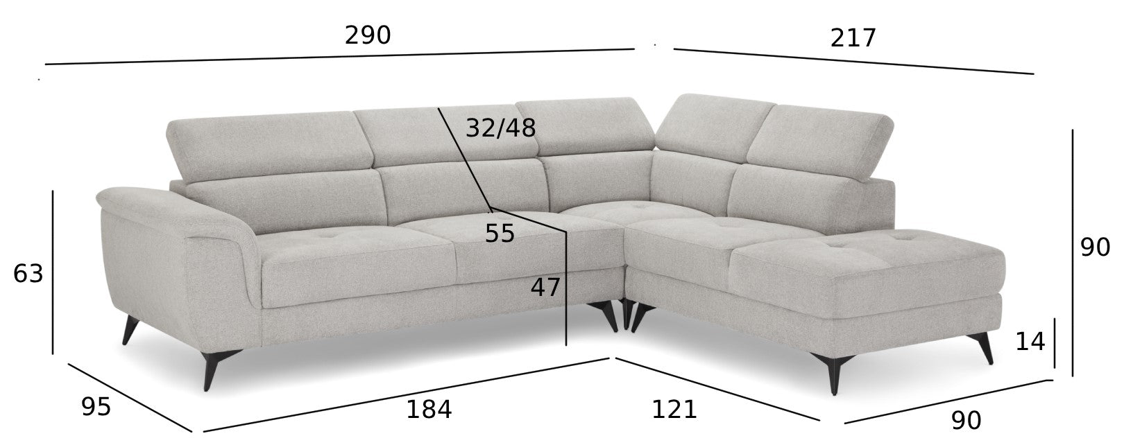 5-Sitzer Ecksofa Rechts Betis Grau - FURNHOUSE