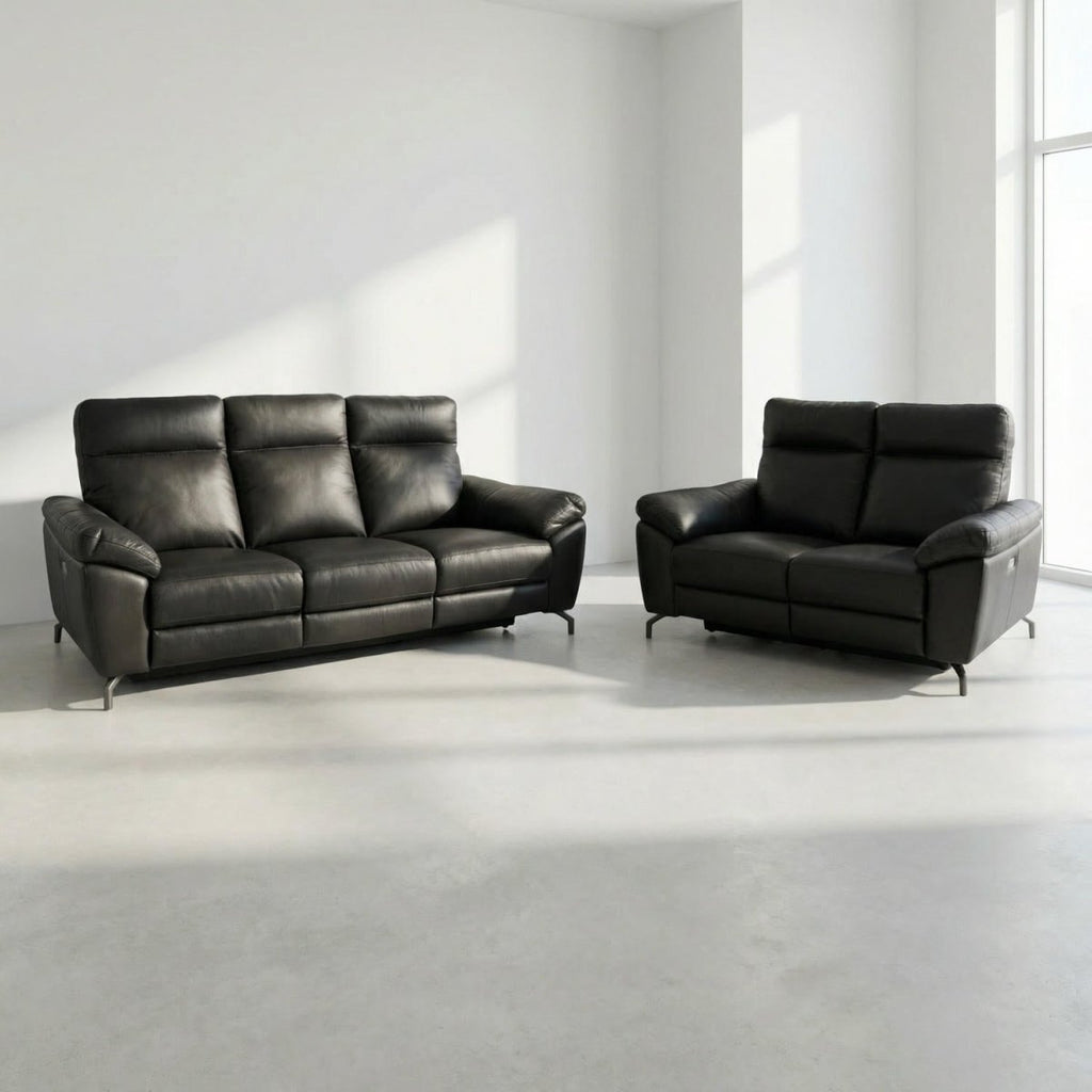 Couchgarnitur 3+2 - mit Elektrische Relaxfunktion, USB - Lederbezug Schwarz - FURNHOUSE