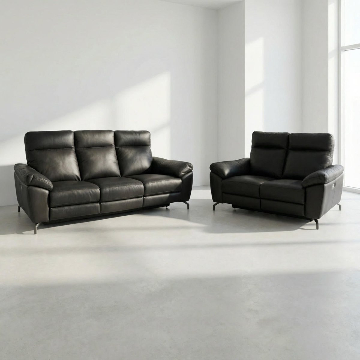 Couchgarnitur 3+2 - mit Elektrische Relaxfunktion, USB - Lederbezug Schwarz - FURNHOUSE