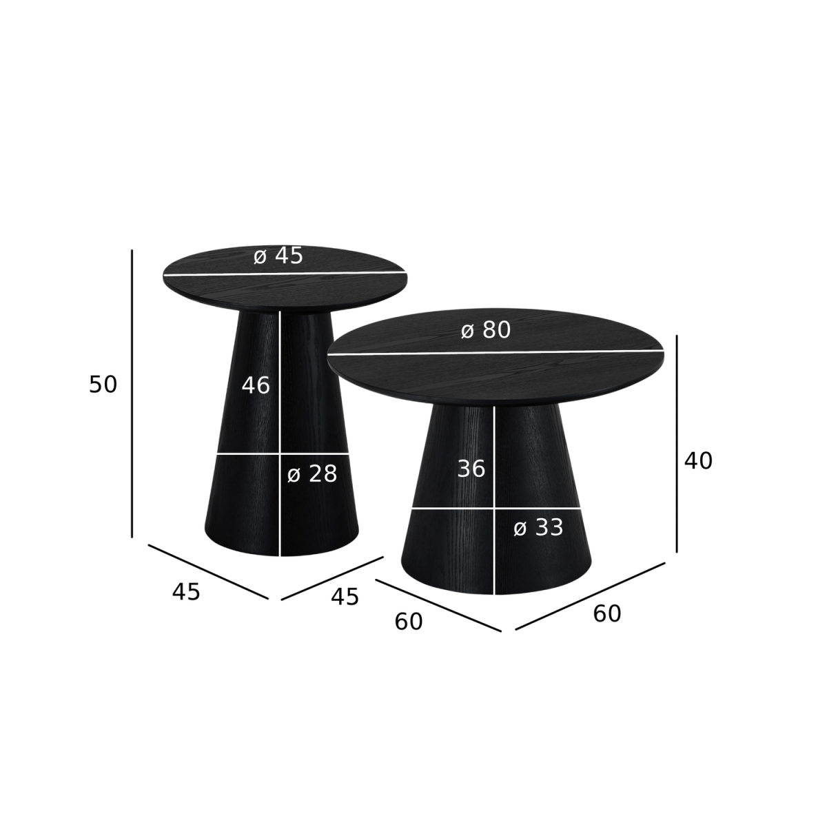 Couchtisch 2er Set ø45/60 cm - Eiche Schwarz - FURNHOUSE