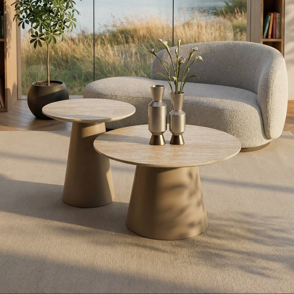 Couchtisch 2er Set ø45/60 cm - Travertine-Optik Beige - FURNHOUSE