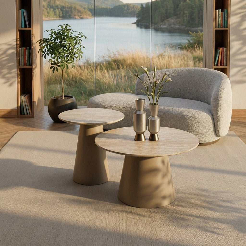 Couchtisch 2er Set ø45/80 cm - Travertine-Optik Beige - FURNHOUSE