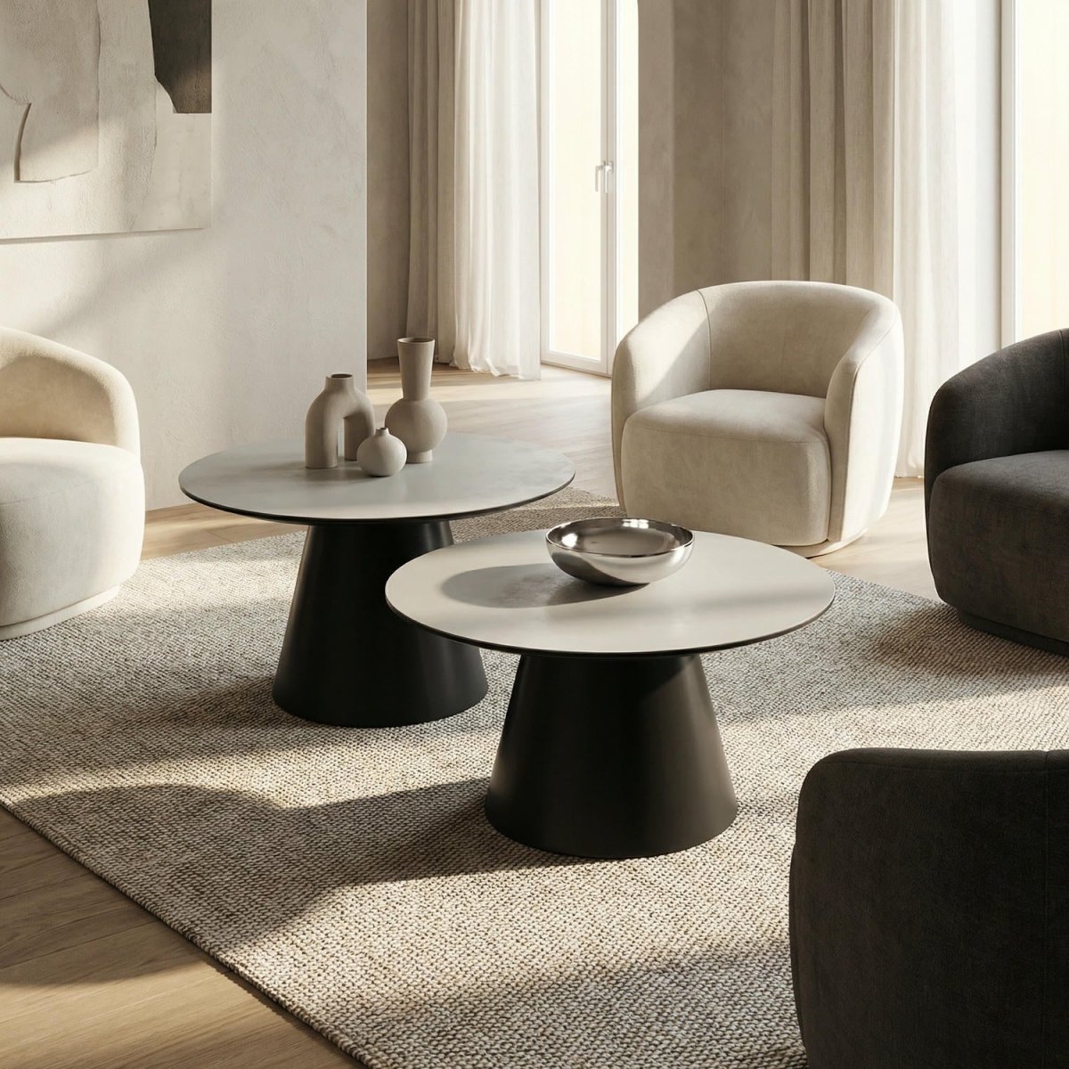 Couchtisch 2er Set ø60/80 cm - Marmoroptik Hellgrau - FURNHOUSE