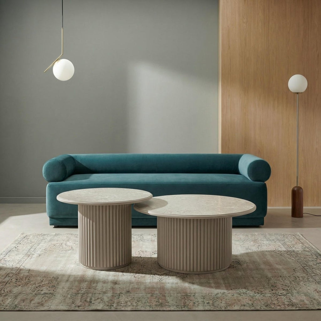 Couchtisch 2er Set ø60/80 cm - Marmoroptik & Lamellenoptik Beige - FURNHOUSE